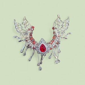 Elegant Silver-Tone Red Crystal Butterfly Starter Moon